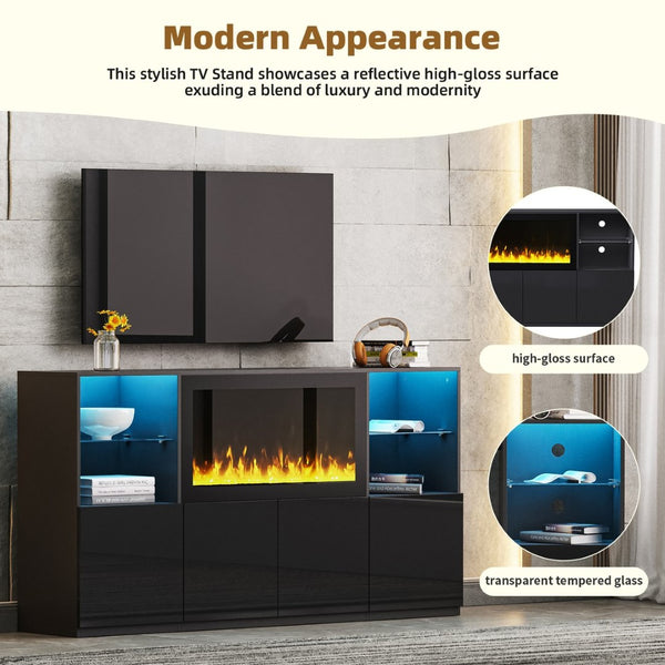 English Elm On-Trend Modern Tv Stand With 34.2" Electric Fireplace & Led Lights For Tvs Up To 75", Black Elegance N721S000043B-GIGA