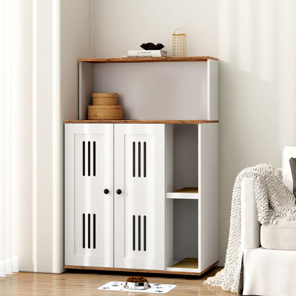 English Elm Litter Box Cabinet for Two Cats Wooden Enclosure with Ventilated Doors Side Table W1687P170693