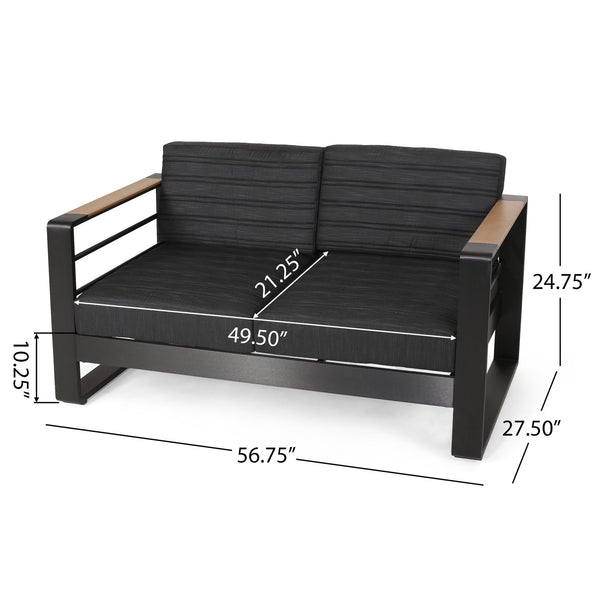 English Elm Christopher Knight Home® - GIOVANNA Loveseat Black Aluminum Frame with WPC Arm Accents, Water-Resistant Cushions, Weatherproof 71735.00BLK