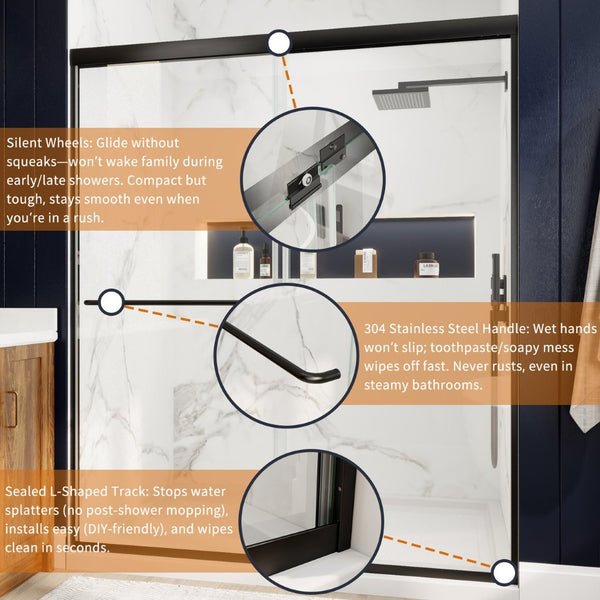 English Elm 50in. Barn Style Sliding Shower Door Matte Black Anodized Frame with Tempered Clear Glass W637123851