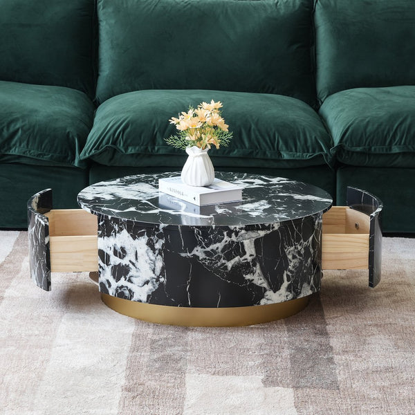 English Elm Tavola Round Coffee Table with Marble Pattern Top and Metal Legs, Two Drawers for Stylish Storage Black B341P321162