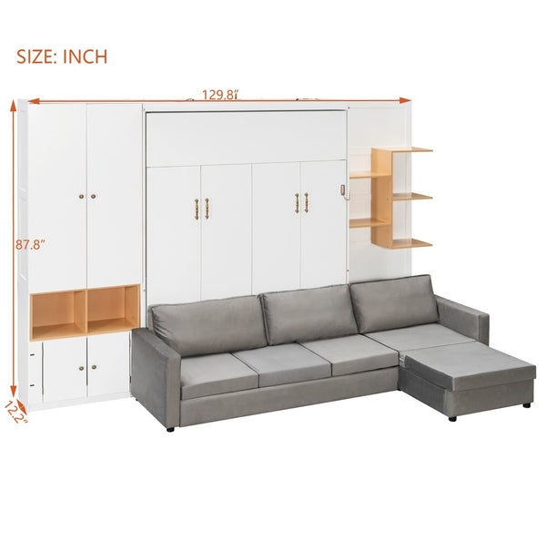 English Elm Queen Murphy Wall Bed with Velvet Sofa Built in Shelves Cabinets and Reading Lights White LP000393AAK