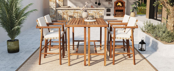 English Elm 6 Piece Acacia Wood Outdoor Bar Set with Cushioned Stools for Patio Poolside Dining N704G201254A