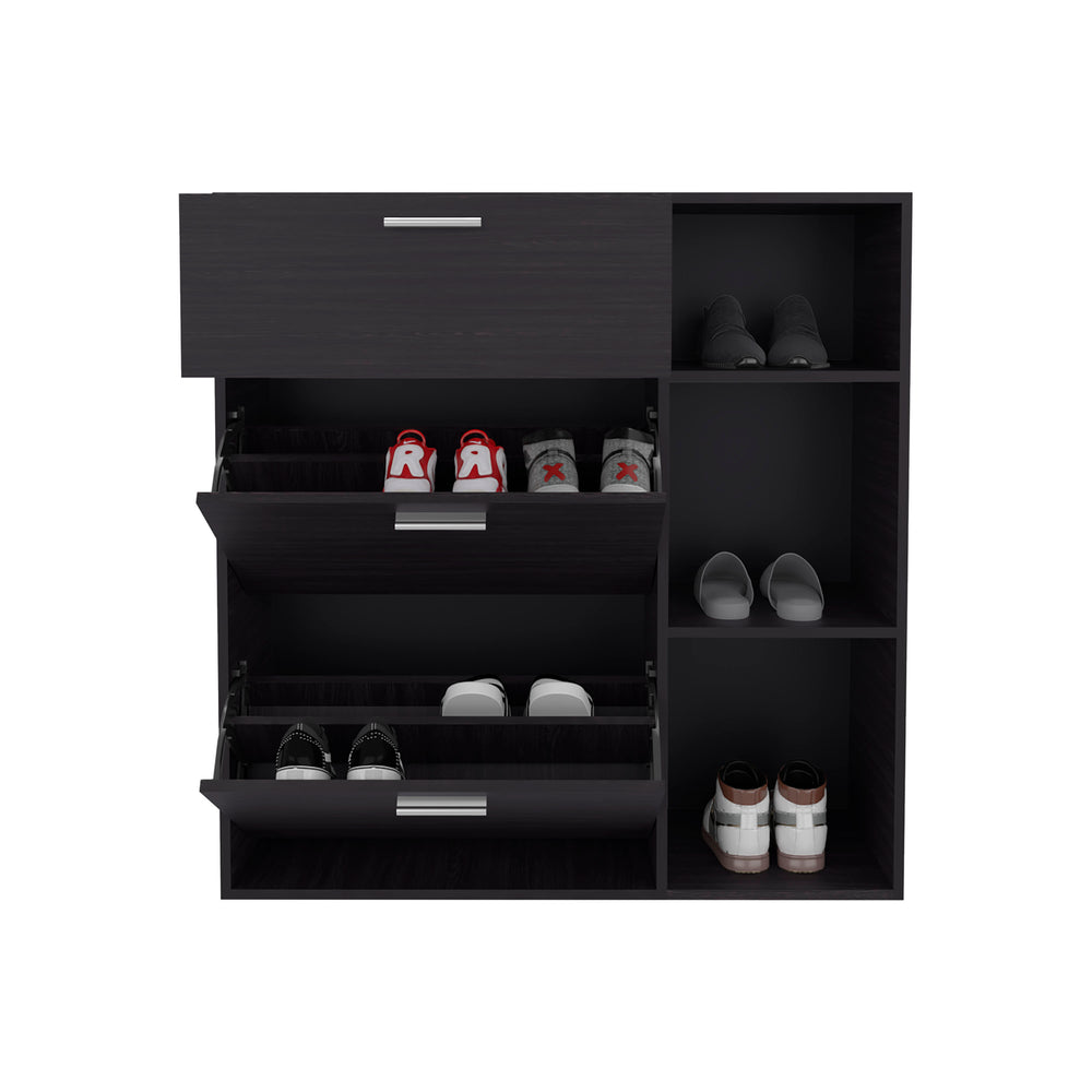 English Elm Sierra Wenge Shoe Cabinet with 2 Tilt-Outs, Top Drawer & 3 Open Side Shelves – Vertical Storage, Scratch-Resistant Finish B128P375277
