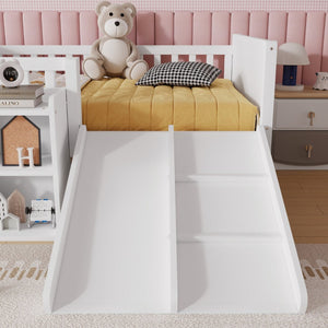 English Elm Twin Low Loft Kids Bed with Fun Slide Climbing Structure and Movable Bookshelf White W2593P437109