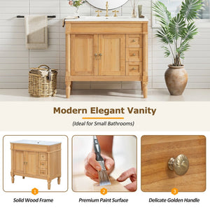 English Elm 36" Freestanding Bathroom Vanity Solid Wood Cabinet with Ceramic Sink and Soft Close Storage N729P300165N