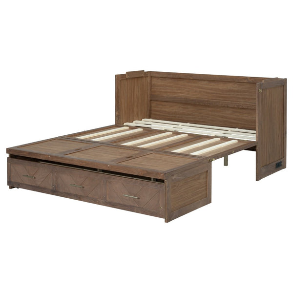 English Elm Queen Cabinet Murphy Bed Pine Wood Frame Geometric Panel Usb Charging Guest Room W504S00306