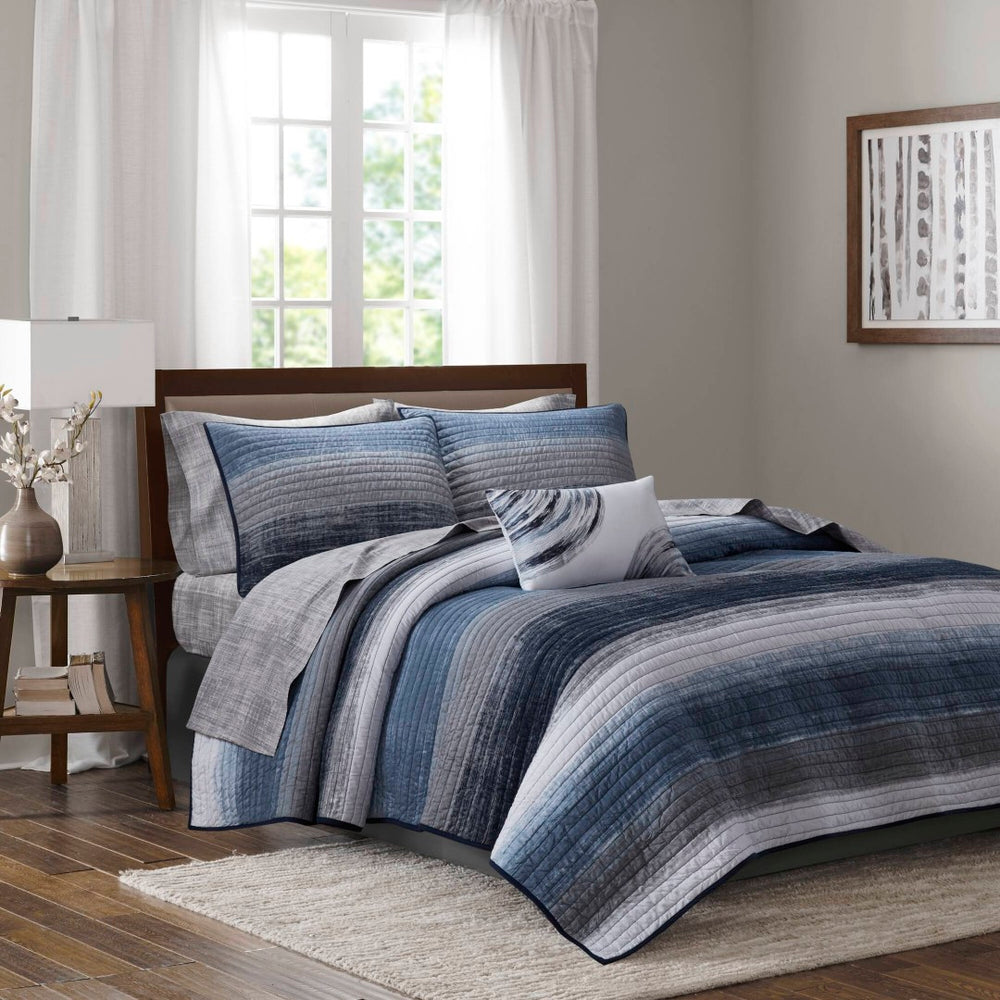 English Elm 6-piece Twin Watercolor Stripe Cotton Quilt Set with Anti-microbial Bedding Bundle Navy Multi B035P408264