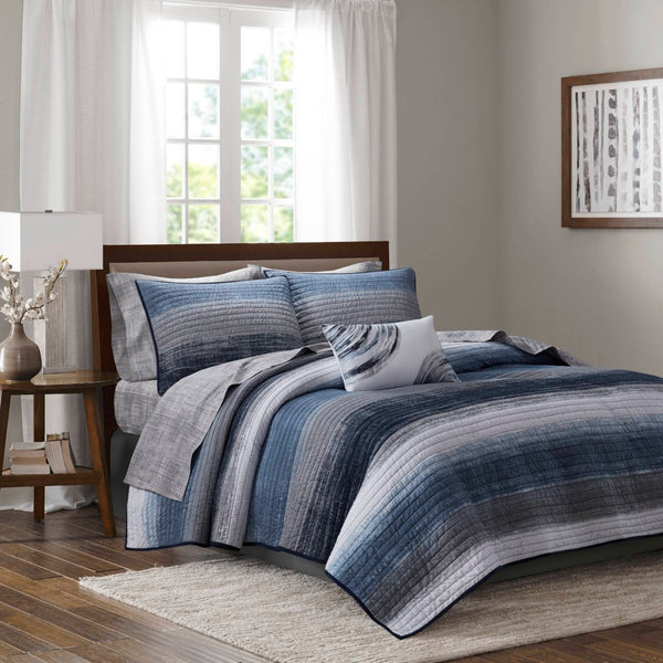 English Elm 8-piece Queen Quilt Set Watercolor Stripe Cotton Blend Bedding with Shams and Sheets Navy Multi B035P408266