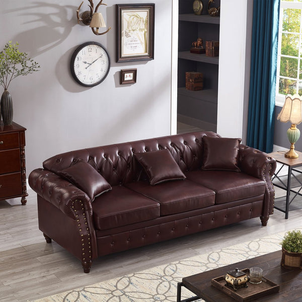 English Elm 85.8" Living Room Chesterfield Sofa with Storage Classic Tufted PU Upholstery Solid Wood Frame, 3-Seater Comfort Burgundy W1097S00149