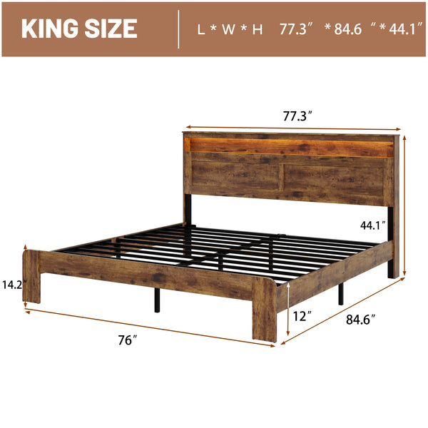 English Elm Bed Frame King Size - Modern Wooden Platform With Led Headboard, Usb Ports & Ample Under-Bed Storage W636P233485