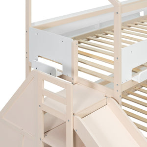English Elm House-shaped Pine Bunk Bed with Built-in Slide Storage Staircase Twin Over Full Kids Frame Beige+White N820S00082A