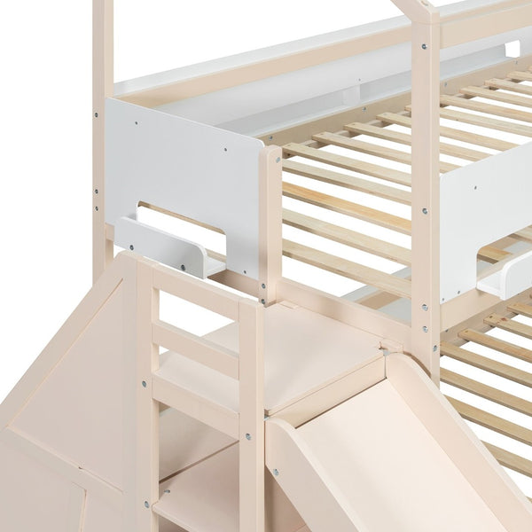 English Elm House-shaped Pine Bunk Bed with Built-in Slide Storage Staircase Twin Over Full Kids Frame Beige+White N820S00082A