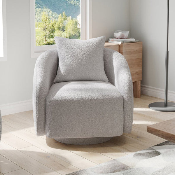 English Elm Swivel Barrel Armchair in Teddy Fabric with Lumbar Pillow and Solid Wood Legs Gray T3623P430693