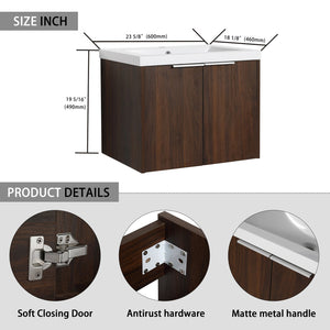 English Elm Bathroom Cabinet With Resin Sink, 24" Floating Vanity w/ Soft-Close Doors, Open Shelf Storage, Durable Eco-Friendly Finish W99952550