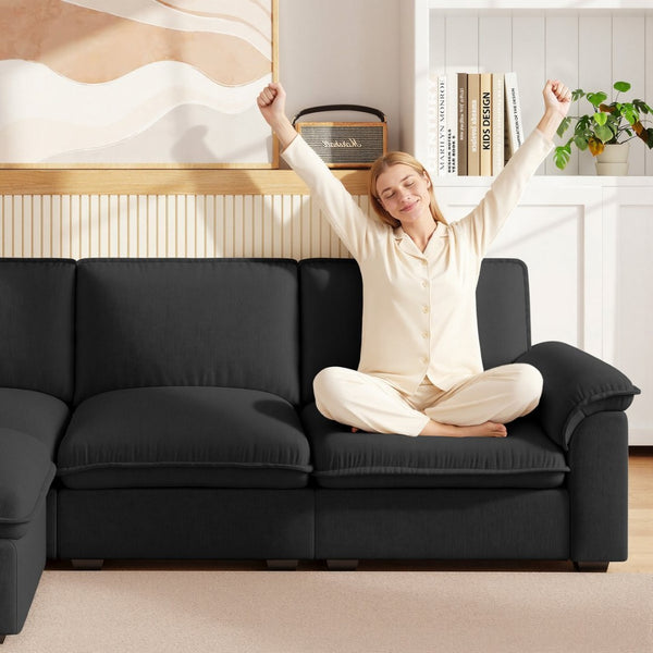 English Elm Cloud Sectional Sofa with Movable Chaise Soft Chenille Upholstery for Modern Living Rooms Black W1359S00065