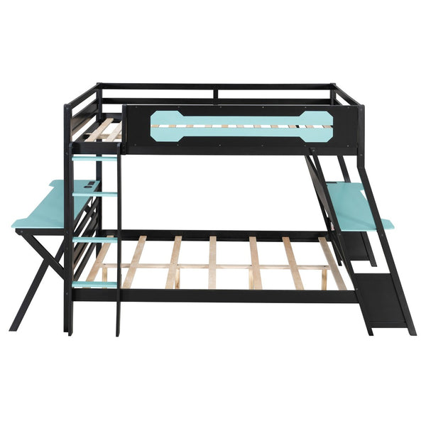 English Elm Full Size Gaming Bunk Bed with Dual Desks Usb Charging Ports and Pegboard Storage Blue LT000274AAC