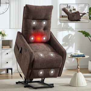 English Elm Beige Chenille Power Lift Recliner with Massage Heat and Usb for Senior Comfort Brown W1803P369080