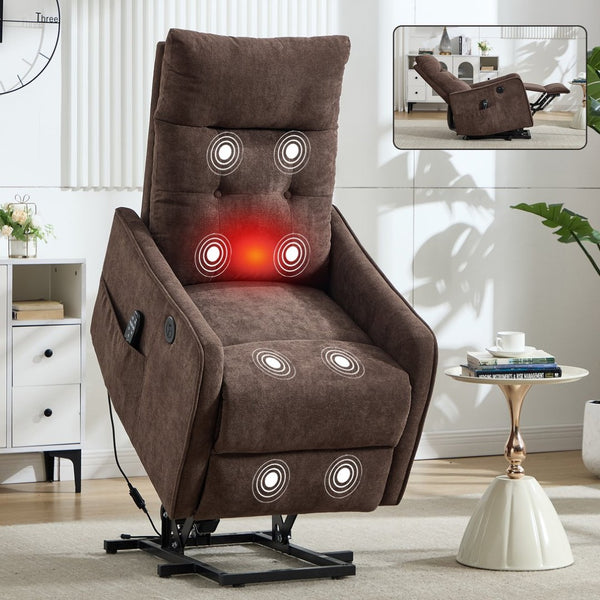English Elm Beige Chenille Power Lift Recliner with Massage Heat and Usb for Senior Comfort Brown W1803P369080