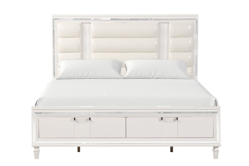 English Elm Genoa King Storage Bed Glam Faux Leather Headboard with Led Lighting Mirror Accents B078S00715