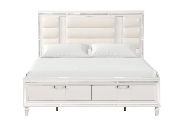 English Elm Genoa King Storage Bed Glam Faux Leather Headboard with Led Lighting Mirror Accents B078S00715