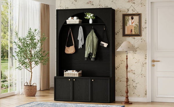 English Elm On-trend Farmhouse Hall Tree Arched Cabinet Storage Bench with Golden Hooks Mudroom Black N721S000080B