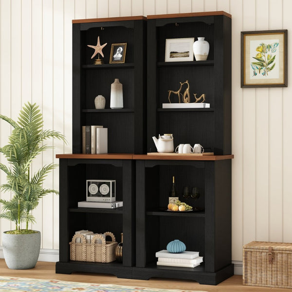 English Elm On-trend Two Piece Walnut Veneer Freestanding Bookcase Set with Curved Sculptural Black N721P394507B