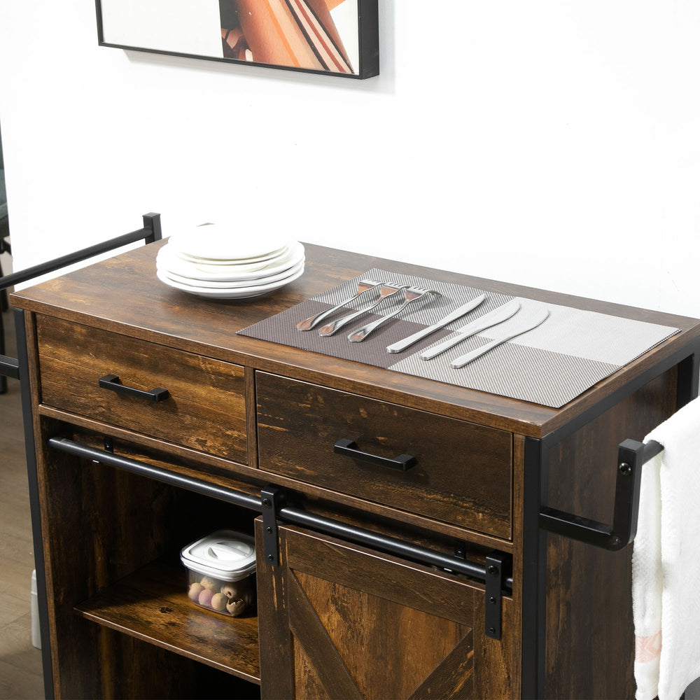 English Elm HOMCOM Rustic Brown Industrial Kitchen Cart with Rolling Wheels, Adjustable Shelf, Drawers & Barn Door Storage W2225P217417