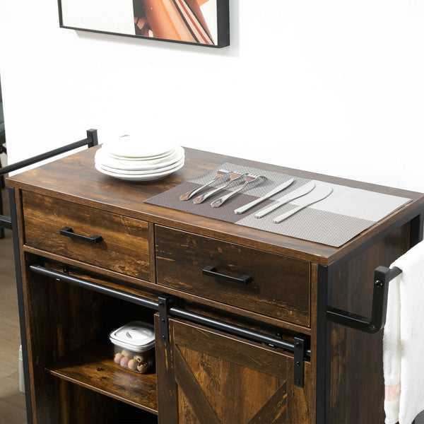 English Elm HOMCOM Rustic Brown Industrial Kitchen Cart with Rolling Wheels, Adjustable Shelf, Drawers & Barn Door Storage W2225P217417