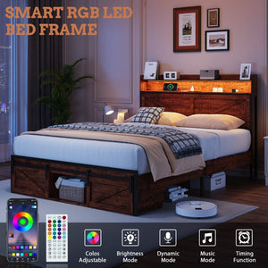 English Elm Full Upholstered Platform Bed with Led Lighting Storage Headboard and Charging Station W5026P429526