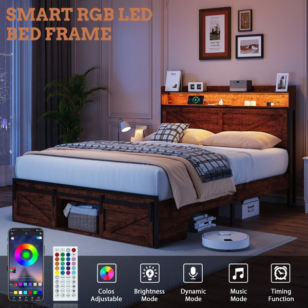 English Elm Full Upholstered Platform Bed with Led Lighting Storage Headboard and Charging Station W5026P429526