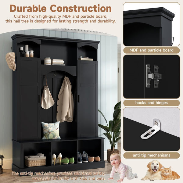 English Elm On-trend Farmhouse Hall Tree with Dual Cabinets Seven Hooks and Arched Entryway Storage Black N721S000078B