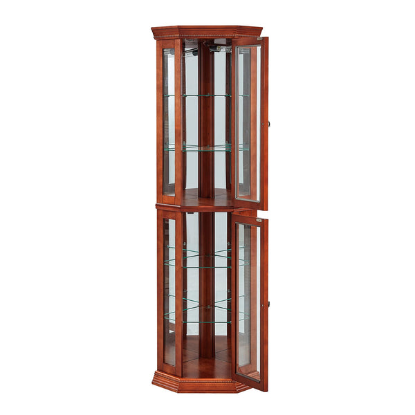 English Elm Corner Curio Cabinet Lighted Display with Mirrored Back, Adjustable Tempered Glass Shelves, Walnut W1693111239