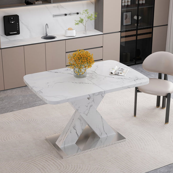 English Elm Modern Extendable Rectangle Dining Table With Elegant White Marble Top & Sturdy Metal Base Design W757P242761