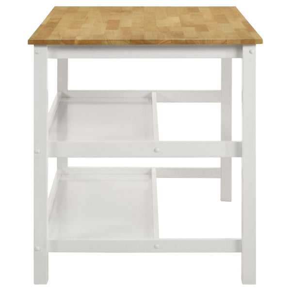 English Elm Cowichan Farmhouse Kitchen Island with Butcher Block Top Open Shelves and Pot Rack B062S01487