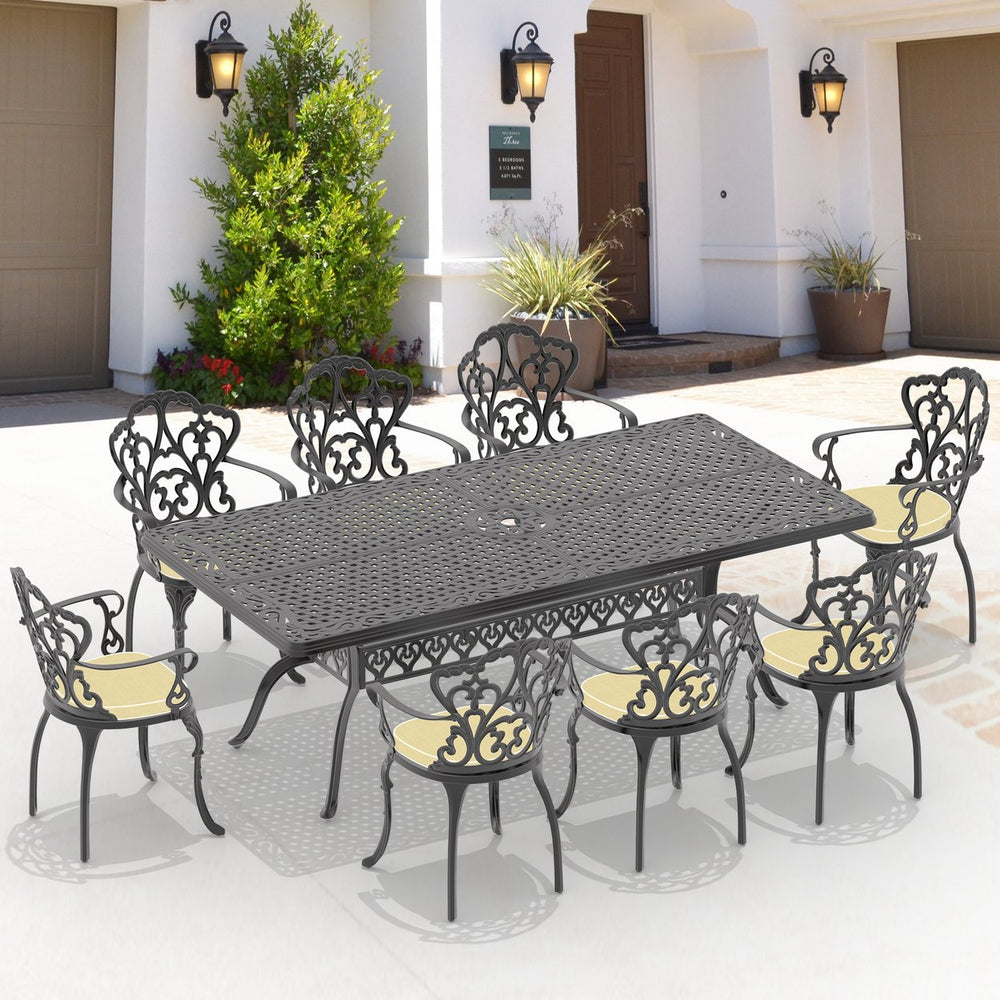 English Elm 9-Piece Cast Aluminum Patio Dining Set With Off-White Cushions, Umbrella Hole & Ergonomic Chairs W1710S00174