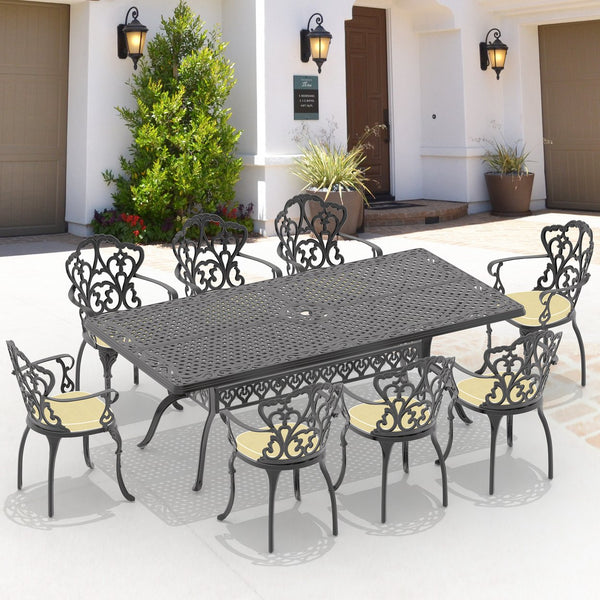 English Elm 9-Piece Cast Aluminum Patio Dining Set With Off-White Cushions, Umbrella Hole & Ergonomic Chairs W1710S00174