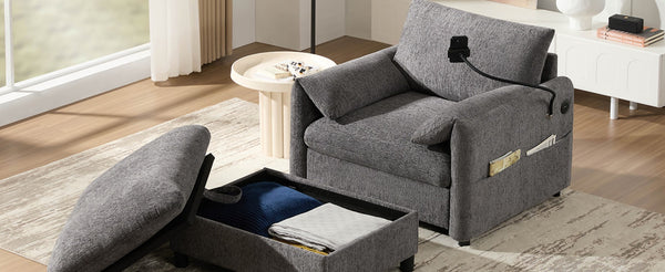 English Elm 38" Chenille Chaise Lounge with Storage Ottoman Usb Charging and Armrest Pockets N723P303462E