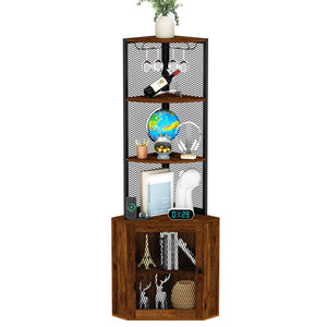 English Elm Corner 65" Corner Cabinet with Doors, 6-Tier Freestanding Storage Shelf w/Wine Rack, USB & AC Power T3177P268172