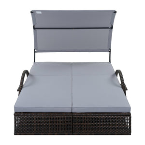 English Elm U_style Outdoor Double Sun Lounger Hdpe Wicker Steel Frame with Canopy Pop up Tables Gray WY000485AAE