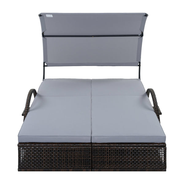 English Elm U_style Outdoor Double Sun Lounger Hdpe Wicker Steel Frame with Canopy Pop up Tables Gray WY000485AAE