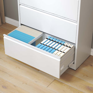 English Elm 5 Drawer Metal Lateral File Cabinet with Secure Locking System, Smooth Powder Coat, Quiet Ball-Bearing Slides for Heavy-Duty Legal and A4 Document Organization White T2398P182179