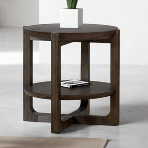 English Elm Transitional End Table With Trestle Base | Wire-Brushed Dark Walnut, Open Shelf For Storage & Style B2741P404270-GIGA
