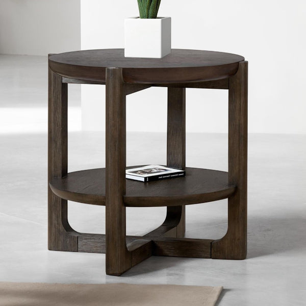 English Elm Transitional End Table With Trestle Base | Wire-Brushed Dark Walnut, Open Shelf For Storage & Style B2741P404270-GIGA