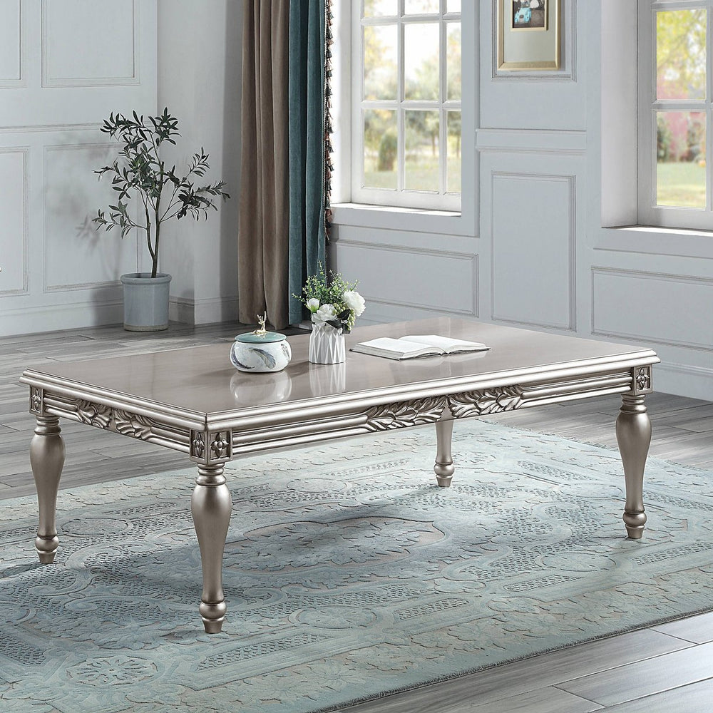 English Elm Platinum Coffee Table with Floral Apron Trim and Turned Wood Legs, Easy Assembly, Classic Charm B062P209102