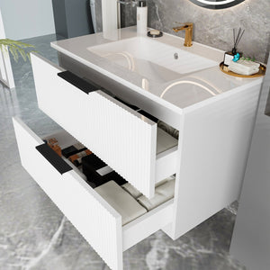 English Elm 36 Floating Bathroom Vanity with Ceramic Sink, Wall-Mounted 36" Modern Fluted Cabinet with Quiet Drawers Matte White 38.18 L x 22.83 W x 7.48 H W3520S00006