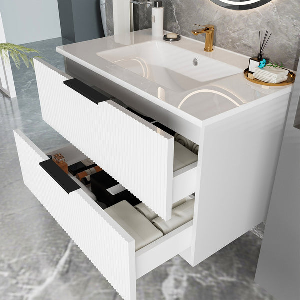 English Elm 36 Floating Bathroom Vanity with Ceramic Sink, Wall-Mounted 36" Modern Fluted Cabinet with Quiet Drawers Matte White 38.18 L x 22.83 W x 7.48 H W3520S00006