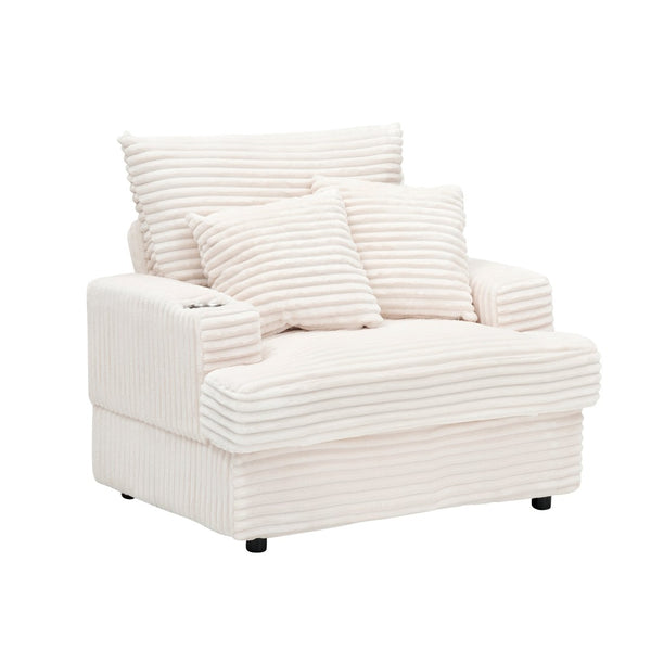 English Elm 39-inch Corduroy Accent Chair with Ottoman and Cup Holder for Bedroom or Office White W1658P202902