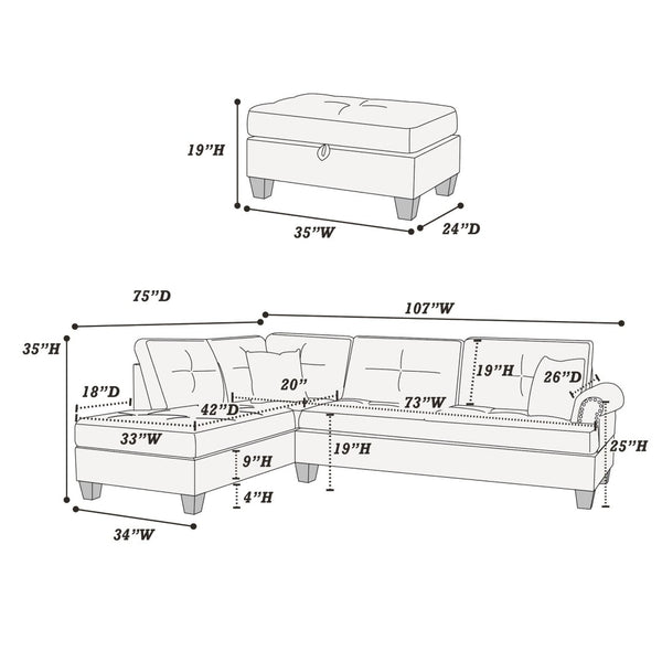English Elm Contemporary Three Piece Sectional Sofa Set with Nailhead Trim and Storage Ottoman B011S01053