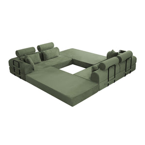 English Elm L Shaped Corduroy Sectional Sofa Converts to Sleeper Bed Space Saving Modular Couch Grayish Green W5532S00006